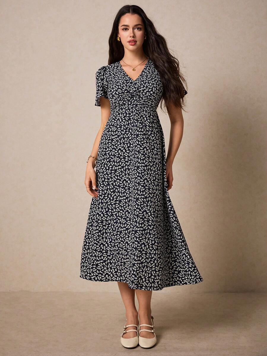 Poselle I V-Neck Ditsy Floral Print Short Sleeve Dress