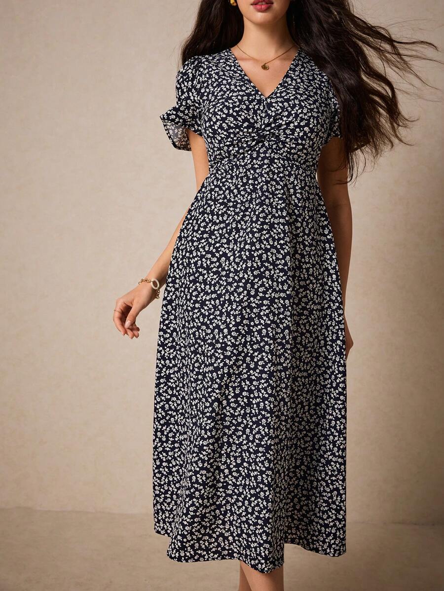 Poselle I V-Neck Ditsy Floral Print Short Sleeve Dress