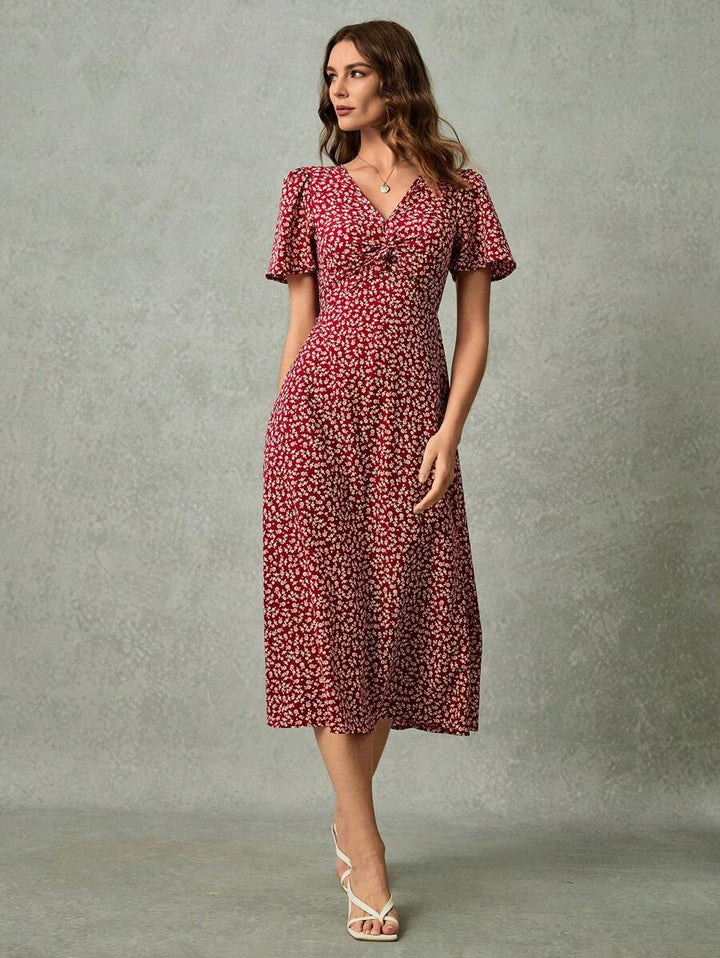 Poselle I V-Neck Ditsy Floral Print Short Sleeve Dress