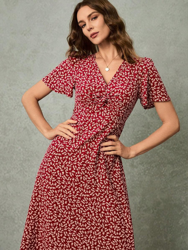 Poselle I V-Neck Ditsy Floral Print Short Sleeve Dress