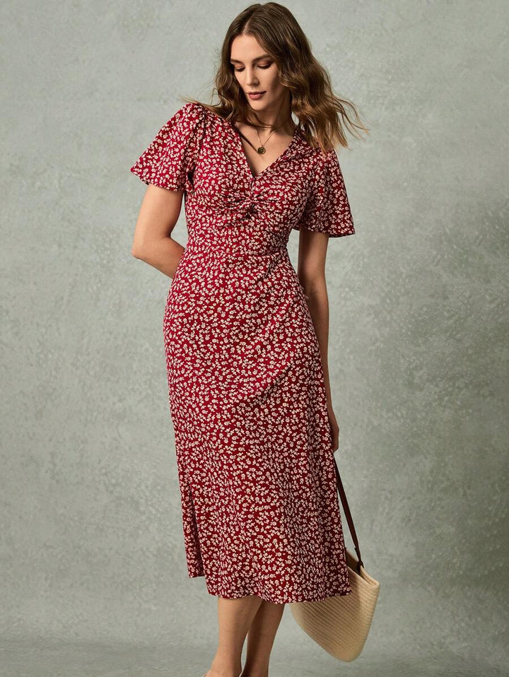 Poselle I V-Neck Ditsy Floral Print Short Sleeve Dress