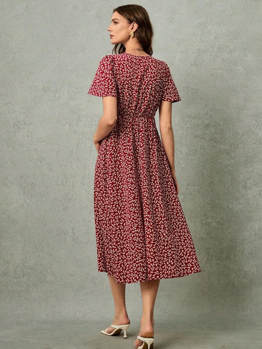Poselle I V-Neck Ditsy Floral Print Short Sleeve Dress
