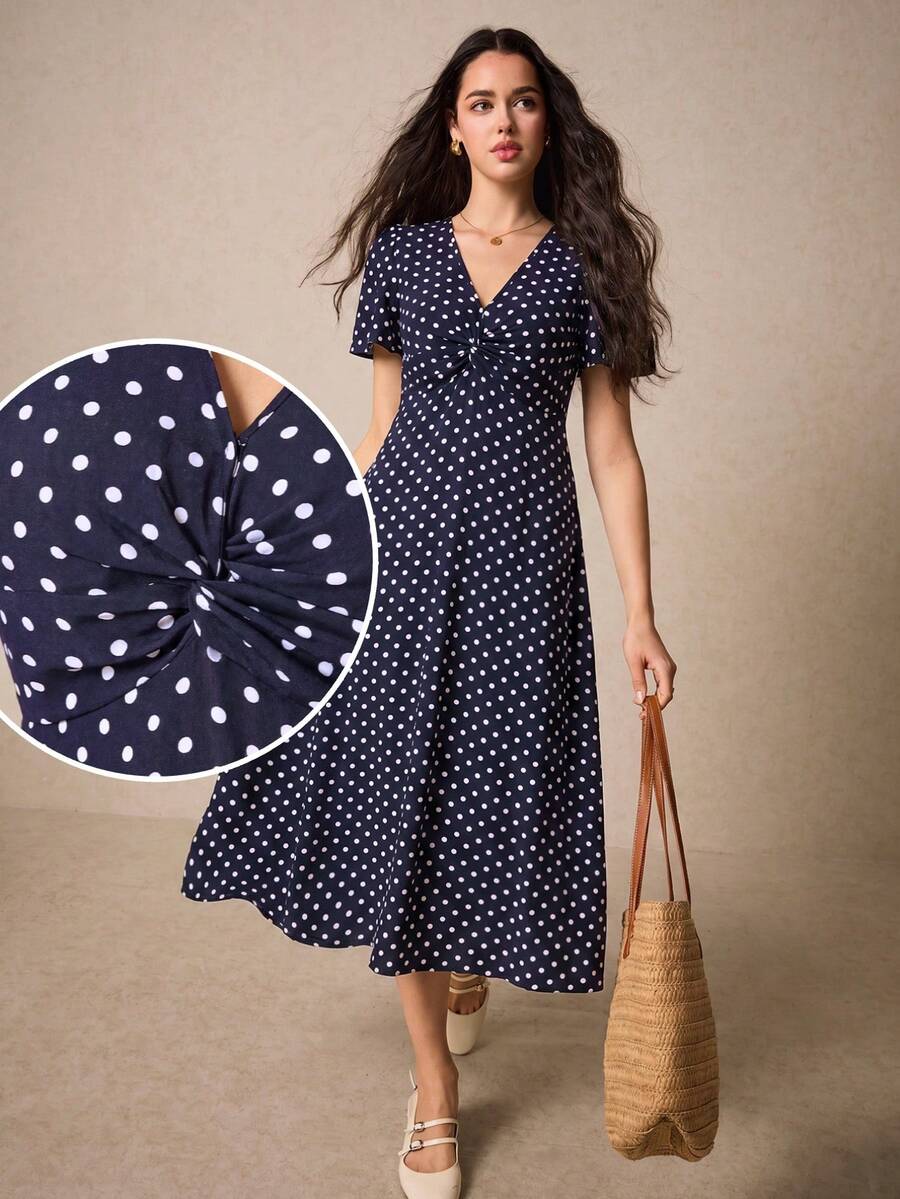 Poselle I V-Neck Ditsy Floral Print Short Sleeve Dress