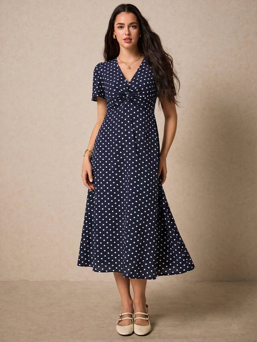 Poselle I V-Neck Ditsy Floral Print Short Sleeve Dress