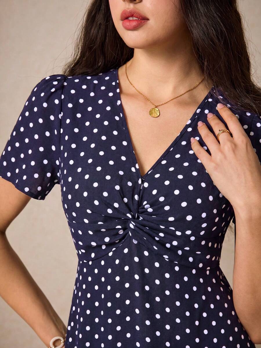 Poselle I V-Neck Ditsy Floral Print Short Sleeve Dress