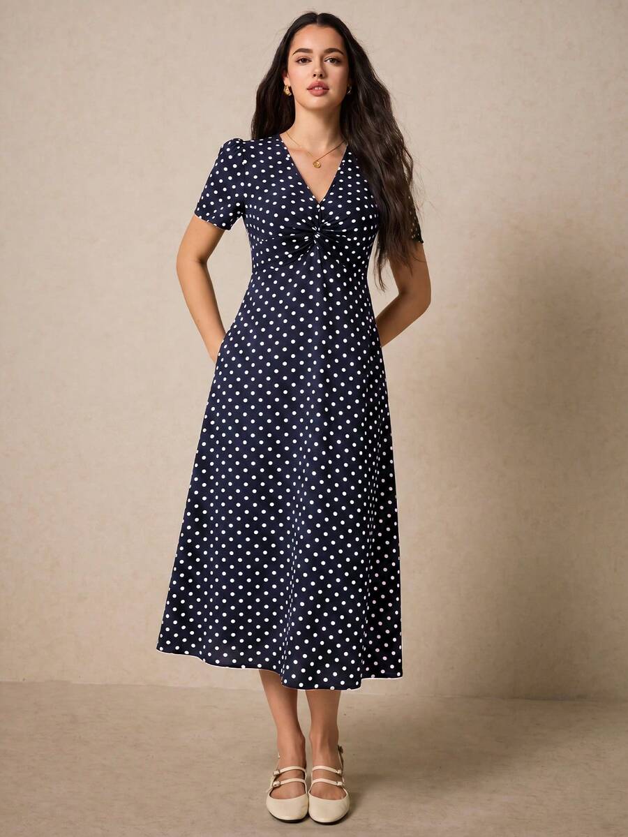 Poselle I V-Neck Ditsy Floral Print Short Sleeve Dress