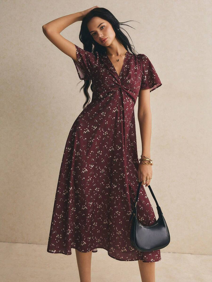 Poselle I V-Neck Ditsy Floral Print Short Sleeve Dress