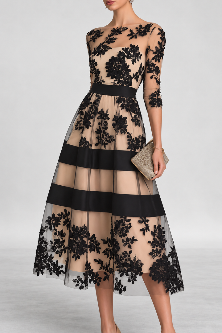 Elegant Black Lace Midi A-Line Dress