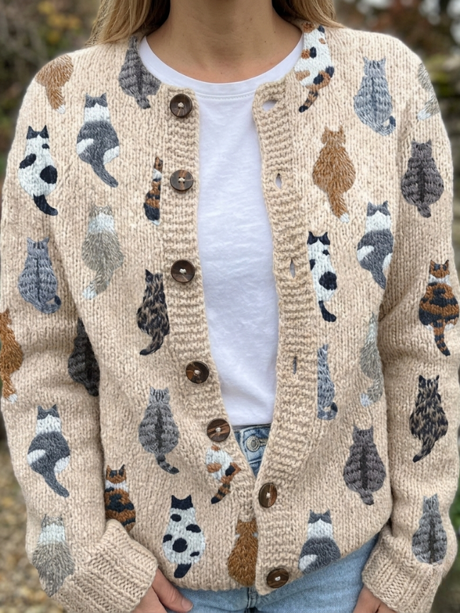 Rika I Organic Knitted Cat and Leaf Cardigan