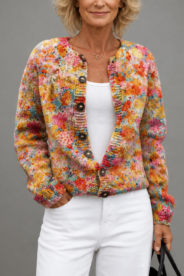 Helena I Floral Print Open-Front Knit Cardigan
